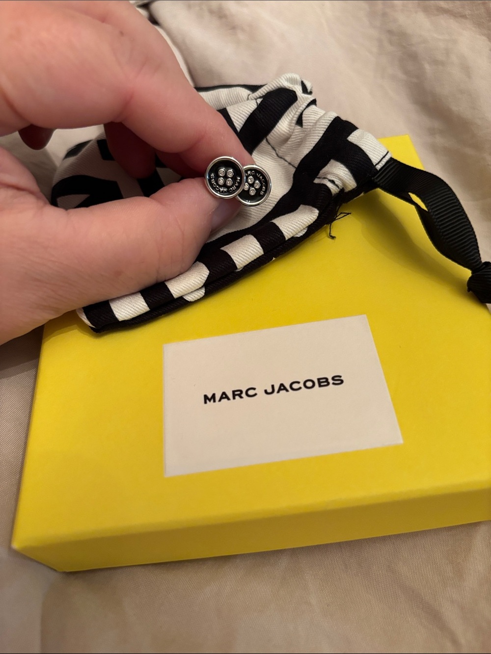 Marc Jacobs Silver Logo Stud Earrings with Black Enamel